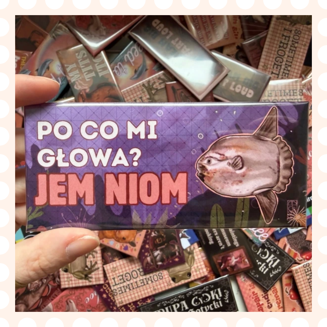 Przypinka 54×120 mm Po co mi głowa? Jem niom